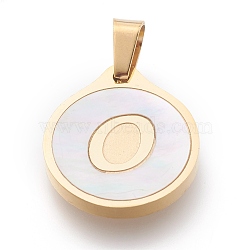 304 Stainless Steel Pendants, with Shell, Flat Round with Alphabet, Golden, Letter.O, 20.5x18x2.5mm, Hole: 7x4mm(STAS-O138-21p-O)