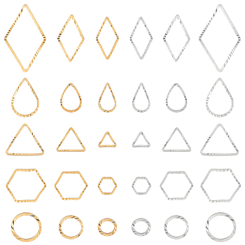 SUPERFINDINGS 120Pcs 30 Style Brass Linking Rings, Long-Lasting Plated, Round Ring & Teardrop & Rhombus & Hexagon & Triangle Shape, Mixed Color, 5~23x5.5~13.5x1mm, Inner Diameter: 3~21x3.5~12mm, 4pcs/style 