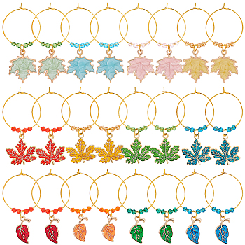 BENECREAT 24Pcs 12 Styles Alloy Enamel Leaf Wine Glass Charms, with Glass Bead & Brass, for Thanksgiving Day, Mixed Color, 40~55mm, 2pcs/style