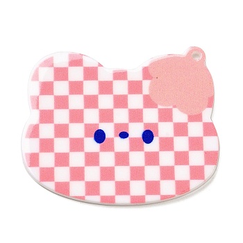 Acrylic Pendants, Checkerboard with Cat, Pink, 49x45.5x2mm, Hole: 1.6mm