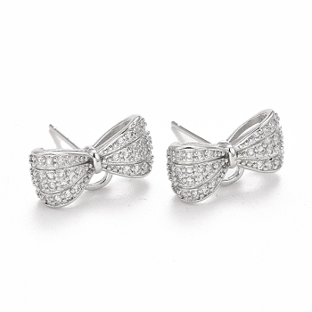 Rack Plating Brass Micro Pave Cubic Zirconia Earring Findings, with Loop, Cadmium Free & Lead Free, Long-Lasting Plated, Bowknot, Real Platinum Plated, 8x15x5mm, Hole: 1.7mm, Pin: 0.8mm