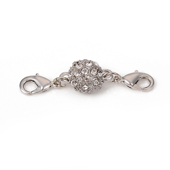 Alloy Magnetic Clasps Converter, with Glass Rhinestone and Brass Lobster Claw Clasp, Round, Platinum, 43.5x10x8.5mm