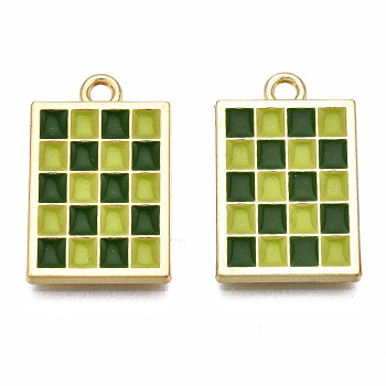 Rack Plating Alloy Checkerboard Pendants, with Enamel, Cadmium Free & Lead Free, Light Gold, Rectangle with Grid Pattern, Green, 22x13.5x2mm, Hole: 2mm