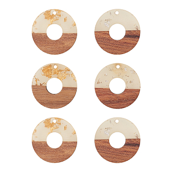 Transparent Resin & Walnut Wood Pendants, with Foil, Waxed, Donut/Pi Disc, Mixed Color, 28x4mm, Hole: 2mm, 12pcs/box