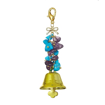Synthetic Turquoise & Natural Amethyst  Chips & Alloy Bowknot Kcychain, with Iron Bell and Alloy Lobster Claw Clasps, 75mm