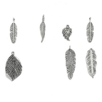 Tibetan Style Alloy Pendants, Assorted Leaf, Antique Silver, 12.5~78x6~51x1~5.5mm, Hole: 1.5~6x3.5mm