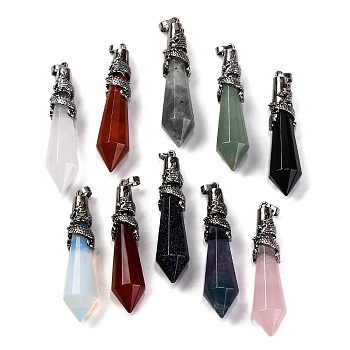 Gemstone Pointed Big Pendants, Faceted Bullet Charms with Rack Plating Antique Silver Tone Alloy Dragon Wrapped, Cadmium Free & Lead Free, Mixed Dyed and Undyed, 67.5x16.5x16.5mm, Hole: 7x4.5mm