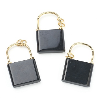 Natural Obsidian Pendants, with Golden Plated Brass Findings, Lock, 46.5~47x30x7mm, Hole: 6mm