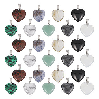 27pcs Pendants Sets, Incluing 9 Styles Natural & Synthetic Mixed Gemstone Pendants ang 1 Style Glass Pendants, Heart Charms, with Platinum Plated Alloy Snap on Bails, 21.6x20x6mm, Hole: 4x6mm, 3pcs/style