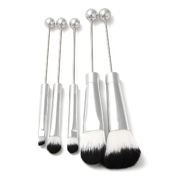 Beadable Makeup Brushes Set, Artificial Fiber Cosmetic Brushes Bristles, with Iron Handle, Silver, 12.5~15.5cm, 5pcs/set