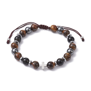 Natural Tiger Eye & Obsidian Round & Brass Cross Braided Bead Bracelets, Adjustable Bracelet, Inner Diameter: 2-1/8~3-3/8 inch(5.3~8.6cm)