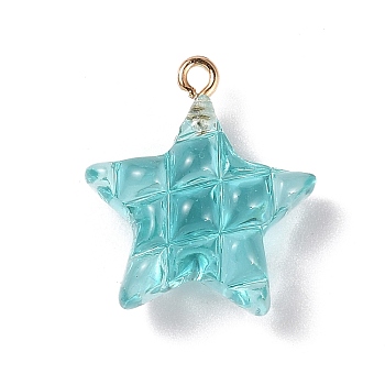 Transparent Resin Pendants, Star Charms with Light Gold Tone Alloy Loops, Turquoise, 23x20.5x9.5mm, Hole: 2mm