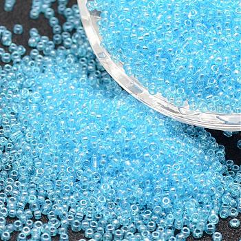 8/0 Glass Seed Beads, Grade A, Round, Transparent Colours Lustered, Deep Sky Blue, 2.8~3.2mm, Hole: 1.0mm, about 15000pcs/pound