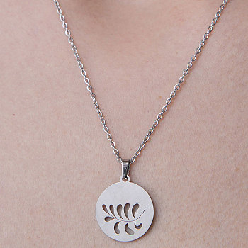 201 Stainless Steel Holllow Leaf Pendant Necklace, Stainless Steel Color, 17.72 inch(45cm)