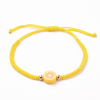 Nylon Thread Cord Braided Bead Bracelets, with Brass Beads and Handmade Polymer Clay Heishi Beads, Gold, Inner Diameter: 1-5/8~3-1/8 inch(4.1~8cm)
