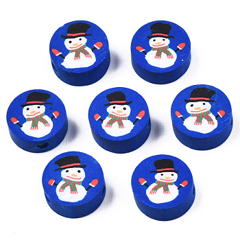 Handmade Polymer Clay Beads, Christmas Style, Flat Round with Snowman, Medium Blue, 9x4mm, Hole: 1.5mm