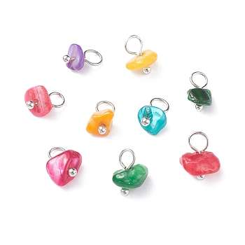 Natural Chip Dyed Shell Charms, with Brass Loops, Mixed Colors, Platinum, 8~9x5~10x4.5~7mm, Hole: 3.5mm