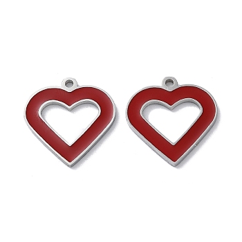 304 Stainless Steel Pendants, with Enamel, Heart Charm, Stainless Steel Color, 17x16x1.5mm, Hole: 1.4mm