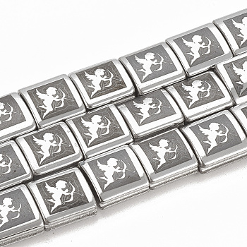 Electroplate Non-magnetic Synthetic Hematite Beads Strands, Square with Cupid/Cherub, Platinum Plated, 7x7x4mm, Hole: 1.5mm, about 57pcs/strand, 15.7 inch