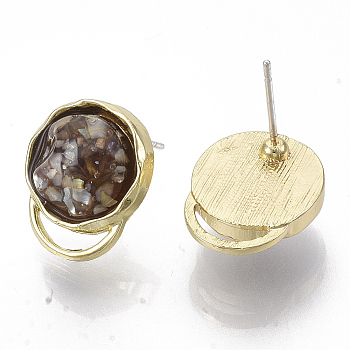 Alloy Stud Earrings, with Resin and Shell, Light Gold, Camel, 15.5x12.5mm, Pin: 0.7mm