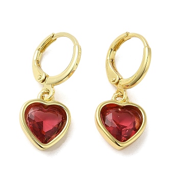 Real 18K Gold Plated Brass Dangle Leverback Earrings, with Heart Glass, Red, 25.5x10mm