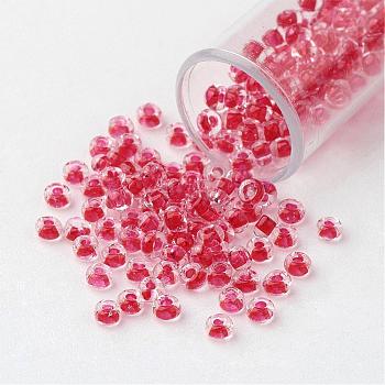11/0 Grade A Round Glass Seed Beads, Transparent Inside Colours, Cerise, 2.3x1.5mm, Hole: 1mm, about 48500pcs/pound