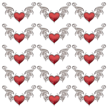 30Pcs Halloween Alloy Enamel Connector Charms, FireBrick Evil Heart Links with Wings, Platinum, 25x40x2.6mm, Hole: 1mm