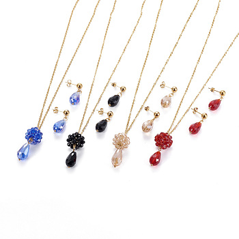 304 Stainless Steel Jewelry Sets, Pendant Necklaces and Stud Earrings, with Glass Beads, Flower with Teardrop, Golden, Mixed Color, 16.5~16.7 inch(42~42.5cm), 2mm, 28~29mm, Pin: 0.8mm