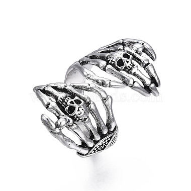 Gothic Punk Skull Hand Alloy Open Cuff Ring for Men Women(RJEW-T009-57AS)-4