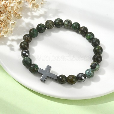 Bracelets extensibles en perles de turquoise africaine naturelle (jaspe) et d'hématite synthétique(BJEW-JB09845-01)-2