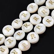 Natural Freshwater Shell Beads, with Golden Enamel, Horizontal Hole, Flat Round with Alphabet, Seashell Color, Letter.R, 8x3.5~4.5mm, Hole: 0.5mm, about 40pcs/strand, 12.20~12.60inch(31~32cm)(SHEL-S276-168R)