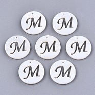 Natural Freshwater Shell Charms, Flat Round with Hollow Out Letter, Letter.M, 14.5x1.5mm, Hole: 0.9mm(X-SHEL-S276-119M)