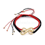 Couple Adjustable Nylon Thread Braided Bead Bracelets, with Brass Micro Pave Cubic Zirconia Links and Brass Beads, Snake, Real 18K Gold Plated, Mixed Color, Inner Diameter: 2-1/4~4-1/4 inch(5.7~10.8cm), 2pcs/set(BJEW-JB05449)