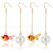 ANATTASOUL 2 Pairs 2 Colors Resin Fish & Glass Ball Asymmetrical Earrings, Golden Alloy Chain Long Tassel Dangle Earrings with Sterling Silver Pins for Women, Mixed Color, 66~74mm, Pin: 0.7mm, 1 Pair/color(EJEW-AN0002-32)