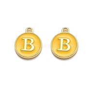 Golden Plated Alloy Enamel Charms, Enamelled Sequins, Flat Round with Alphabet, Letter.B, Yellow, 14x12x2mm, Hole: 1.5mm(ENAM-Q437-13B)
