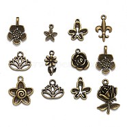 Tibetan Style Alloy Pendants, Nickel Free, Flower, Mixed Style, Antique Bronze, 8~65x6~47x1~8mm, Hole: 1~11x8mm(TIBEP-MSMC021-14AB-NF)