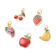 Alloy Enamel Pendants, with Jump Rings, Light Gold, Banana & Apple & Strawberry, Mixed Color, 13~17x9~12x2~2.5mm(PALLOY-JF01508)