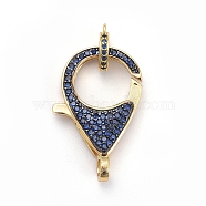 Brass Micro Pave Cubic Zirconia Lobster Claw Clasps, with Bail Beads/Tube Bails, Blue, Golden, Clasp: 27x17x5mm, Hole: 3mm, Tube Bails: 10x8x2mm, Hole: 1mm(ZIRC-K081-95G-01)