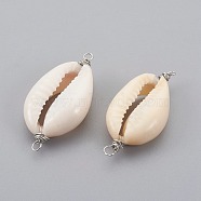 Cowrie Shell Links connectors, with Brass Findings, Silver Color Plated, Seashell, 32~33x15~17x6~8mm, Hole: 1.5mm(PALLOY-JF00365)