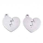 201 Stainless Steel Pendants, Laser Cut, Split Heart, Stainless Steel Color, 18x17x0.9mm, Hole: 1.8mm(STAS-S081-069)
