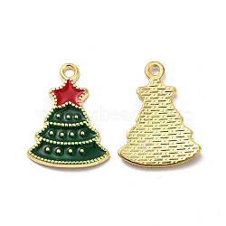 Alloy Enamel Pendants, Christmas Tree Charm, Light Gold, Green, 22.5x16.5x1.5mm, Hole: 1.8mm(X-PALLOY-B009-11KCG)