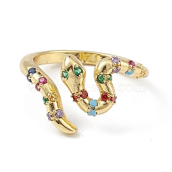 Colorful Cubic Zirconia Snake Open Cuff Ring, Brass Jewelry for Women, Lead Free & Cadmium Free, Real 18K Gold Plated, US Size 6(16.5mm)(RJEW-K240-08G-01)