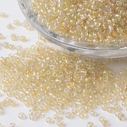 12/0 Transparent Rainbow Plated Round Glass Seed Beads, Pale Goldenrod, 2~3x1.5~2mm, Hole: 0.8~1mm, about 37500pcs/pound(SEED-K003-2mm-M13-01)