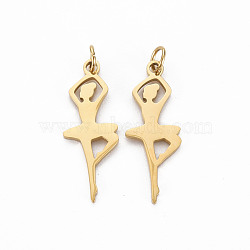 Ion Plating(IP) 316 Surgical Stainless Steel Pendants, with Jump Rings, Laser Cut, Cadmium Free & Nickel Free & Lead Free, Ballet Dancer, Real 14K Gold Plated, 22x8x1mm, Hole: 2.5mm(STAS-N097-082-NR)