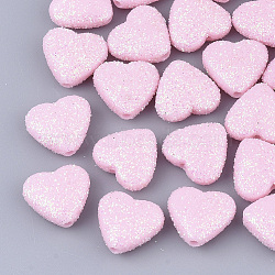 Opaque Acrylic Beads, with Glitter Powder, Heart, Pearl Pink, 12.5x13.5x6mm, Hole: 1.5mm(X-MACR-T033-07B)