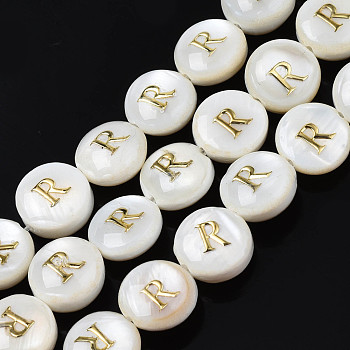 Natural Freshwater Shell Beads, with Golden Enamel, Horizontal Hole, Flat Round with Alphabet, Seashell Color, Letter.R, 8x3.5~4.5mm, Hole: 0.5mm, about 40pcs/strand, 12.20~12.60inch(31~32cm)