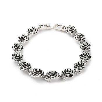 Vintage Alloy Rose Flower Link Chain Bracelet for Women, Antique Silver, 7-1/4 inch(18.5cm)