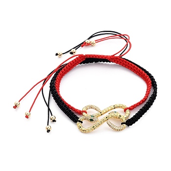 Couple Adjustable Nylon Thread Braided Bead Bracelets, with Brass Micro Pave Cubic Zirconia Links and Brass Beads, Snake, Real 18K Gold Plated, Mixed Color, Inner Diameter: 2-1/4~4-1/4 inch(5.7~10.8cm), 2pcs/set