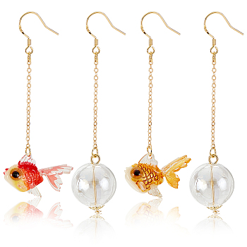 ANATTASOUL 2 Pairs 2 Colors Resin Fish & Glass Ball Asymmetrical Earrings, Golden Alloy Chain Long Tassel Dangle Earrings with Sterling Silver Pins for Women, Mixed Color, 66~74mm, Pin: 0.7mm, 1 Pair/color
