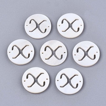 Natural Freshwater Shell Links Connectors, Flat Round with Letter, Letter.X, 14.5x1.5mm, Hole: 0.9mm